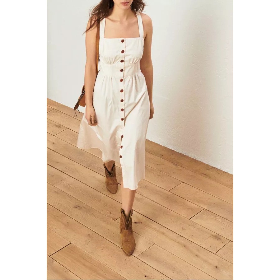 Ba&Sh Cybelle Cream Button Front Sleeveless Square Neck Midi Dress Size Small